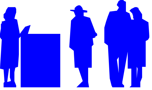The image shows a black and white silhouette of several figures standing side by side against different backgrounds; from left to right: one figure appears to be sitting on an object that resembles a bench, another is holding what looks like a book open in front of them with both hands at chest level.