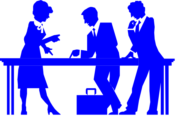 The black and white silhouette of four businesspeople standing around a table with papers on it; two appear to be talking while one is holding an object that looks like a briefcase.
