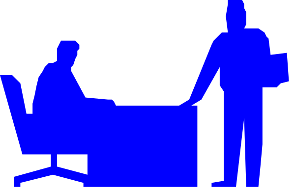 The image shows a black silhouette of three figures standing around an office desk with two chairs visible; there is no text present in this clip-art illustration.