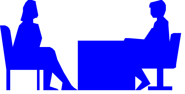 The image shows a black and white silhouette of three figures sitting around what appears to be an oval table with two chairs visible; one figure is standing while another sits on each chair facing towards them in conversation, suggesting a casual meeting setting.