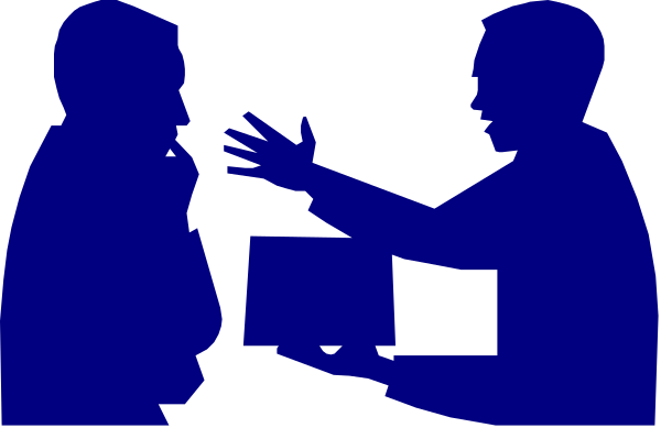 The image shows a black silhouette of three individuals engaged in conversation at what appears to be an office desk with papers on it; one person is gesturing while speaking.