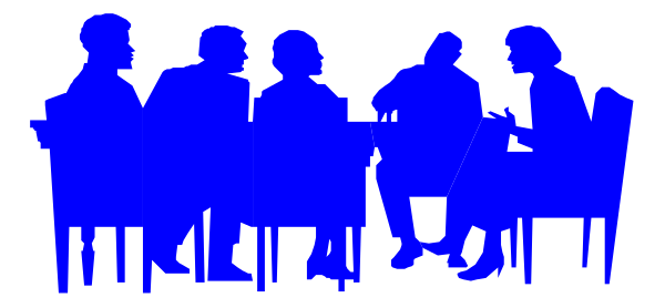 The image shows a group of five individuals seated around a table with chairs visible behind them; there is no text present within this small clip-art illustration.