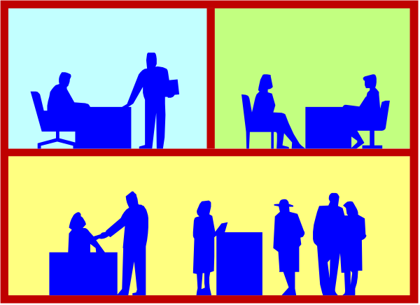 The image depicts a colorful collage of various scenes: on top left is an office with two figures; bottom right shows three individuals in what appears to be a waiting area; middle center features people engaged at desks and chairs, suggesting work environment; upper right corner has silhouettes of four standing adults interacting.