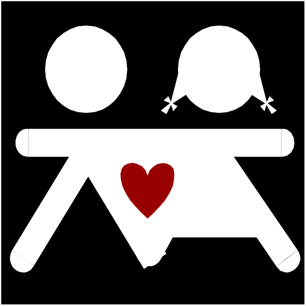 The black and white silhouette of a man holding hands with another person who is carrying an object that resembles a heart; both figures have stick figure arms raised in greeting above their heads.