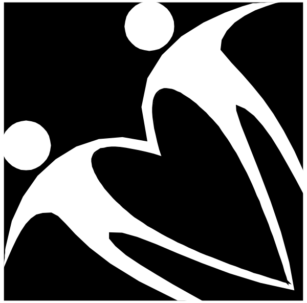 The black and white silhouette of a person holding another's hand with two hearts intertwined between them on top.