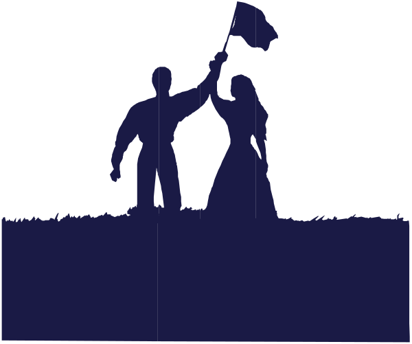 The image shows a black silhouette of two figures standing on grass with their arms raised towards each other; there is no text present in this clip-art graphic.