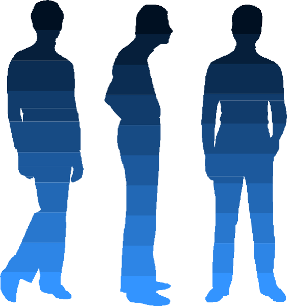 The image shows a sequence of four silhouettes against different backgrounds: top left is blue with two figures standing side by side; bottom right has three figures in front view from behind; middle left features one figure walking away, and bottom center displays another person looking to their right while the others are facing forward.