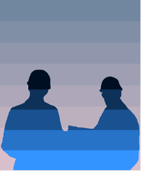 The image shows a stylized representation of two silhouetted figures sitting at what appears to be an office desk with papers in front of them against a gradient background that transitions from blue on top to purple, then pink and finally orange nearer objects like desks or tables.