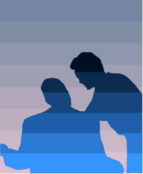 The image shows a man standing next to another person who appears to be seated at an office desk with papers on it; both individuals seem engaged in conversation against a gradient background that transitions from blue near their heads downward into purple and then pink, suggesting either sunrise or sunset lighting conditions.
