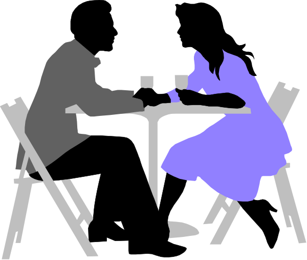 The image shows a black silhouette of two figures sitting at an oval table with chairs on either side; there is no background detail provided in this description.