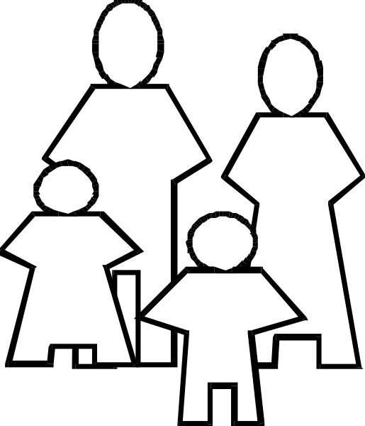 The black and white silhouette of a family with three figures: an adult woman on left side, two children standing in front of her, one child to each parent's right, and another figure that appears smaller than both adults but larger than either child positioned between them all.