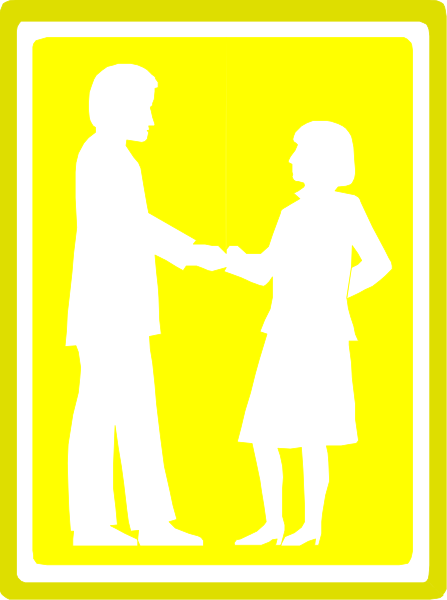 The image shows a black silhouette of two figures shaking hands against a yellow background with text that reads "CAUTION" in bold letters at top right corner.
