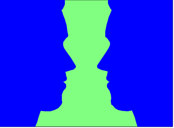 The image shows a blue background with two silhouettes of faces facing each other on either side; there is no text present in this clip-art image.