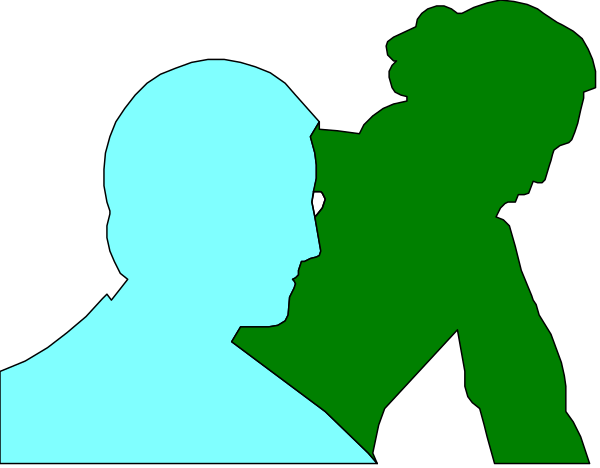 The image shows a black silhouette of two figures standing side by side against what appears to be an abstract background with green on one half and blue on the other; there is no text present in this clip-art representation.