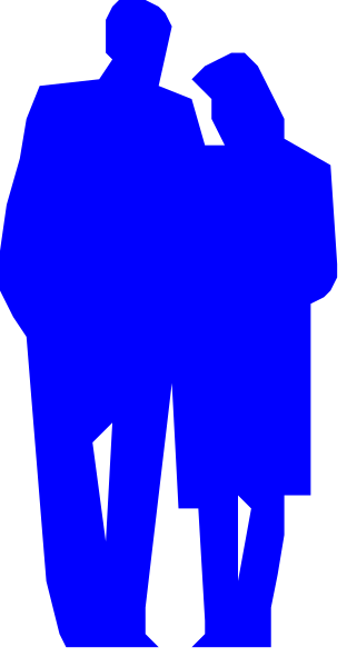 The image shows a pixelated blue silhouette of an adult human figure standing against a dark background with their back to us; there is no text present in this small clip-art image.