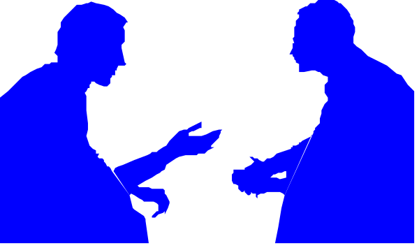 The image shows a blue silhouette of two men engaged in conversation with each other against an indistinct background that appears to be darkened for emphasis on their interaction.