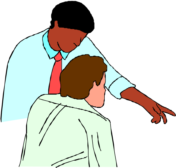 The illustration shows a man pointing at something on his computer screen while another person looks over their shoulder with interest.