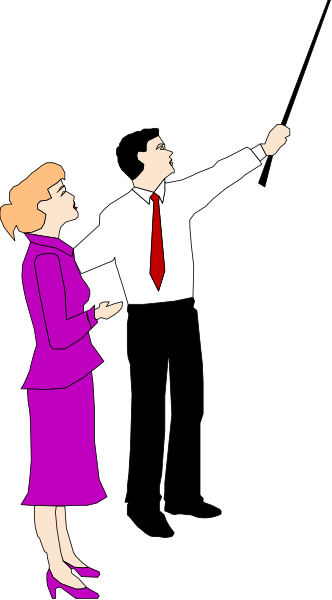 The image shows a man pointing to something off camera while standing next to an adult woman who is looking at him with interest; both individuals appear in silhouette against a dark background that transitions from black on top left corner, through gray and purple shades towards white near their feet.