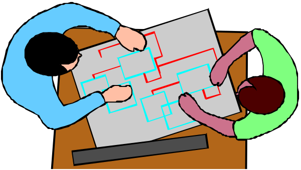 The image shows two animated characters sitting at a table with an open map spread out before them; another character is standing behind the first one pointing to something on the map while gesturing towards it with their hand raised, and there's text that reads "10%" in red font near this third figure.