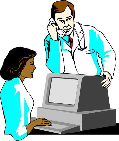 The illustration depicts a man standing next to an old computer monitor with a woman sitting at it; both individuals appear focused on something off-screen while looking towards each other.