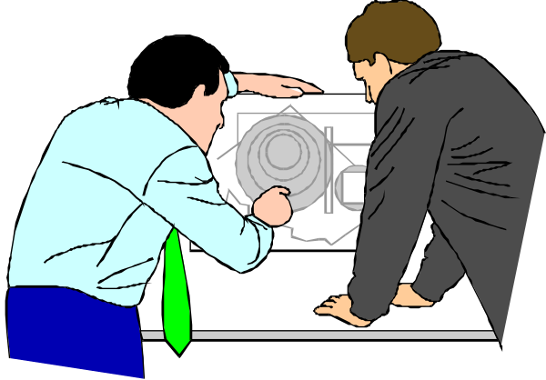 The image shows a man pointing at something on an object with another person looking downward while standing next to him; both individuals appear focused intently on whatever is being pointed out.