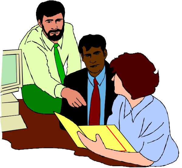 The image shows a cartoon of three individuals at an office desk with papers on it; two men appear to be engaged in conversation while one woman is handing over documents.