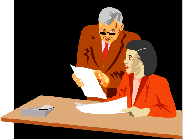 The illustration shows a man sitting at an office desk with papers spread out before him while looking up towards another person who is standing in front of his chair holding what appears to be documents; both individuals seem engaged in conversation, and there's no text present within this image.