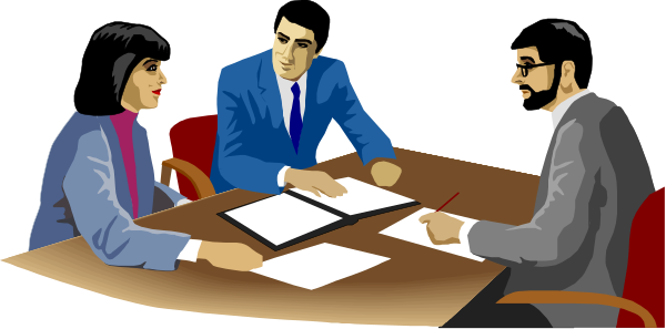 The illustration depicts a group of three individuals sitting around a table with papers on it; two men appear to be engaged in conversation while one woman is looking at them from across the room where she stands near another person who seems uninvolved, all set against an office-like background that includes chairs and what appears to be documents or files.