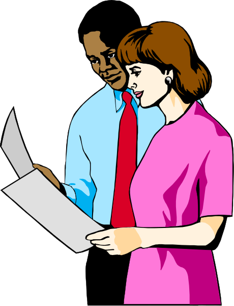 The illustration shows a man standing behind a woman who appears to be reading documents; both individuals seem focused on their work with papers in hand.
