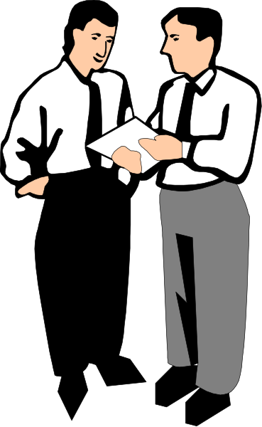 The black and white illustration shows two men standing side by side; both appear to be wearing suits with ties, suggesting a formal attire for business or office work. One man is holding what looks like papers in his hands while looking at them intently, possibly reviewing documents or plans. They are positioned against an indistinct background that does not provide any additional context about their location within the image itself.