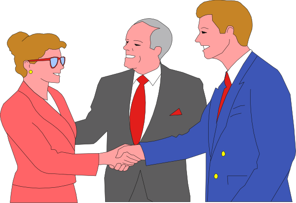 The image shows a group of four animated characters shaking hands; two men wearing suits with red ties standing on either side of another man in an orange tie who is seated between them.