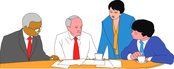The image shows a group of four animated characters sitting around a table with papers on it; two men appear to be engaged in conversation while another man is looking at documents spread out before him.