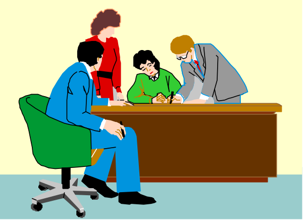 The illustration shows a group of four individuals sitting around an office desk with papers on it; two men appear to be signing documents while another person is writing something down in front of them.