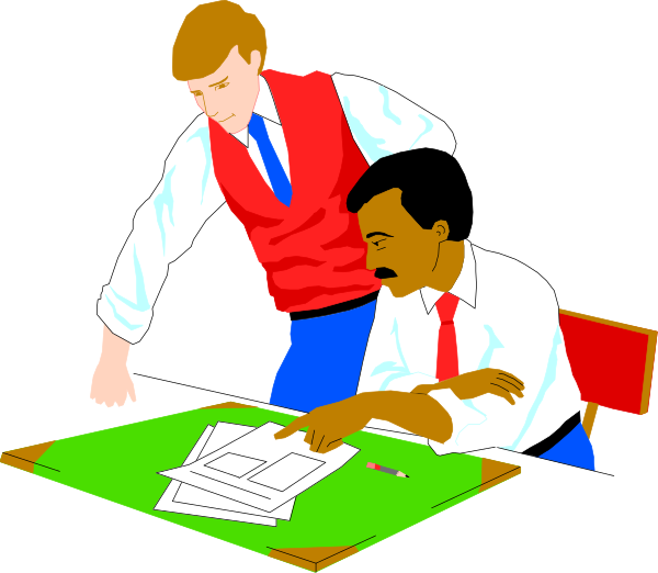 The illustration shows two men sitting at a desk with papers on it; both appear to be engaged in an activity related to planning or discussion as one man points towards something while gesturing with his hand.