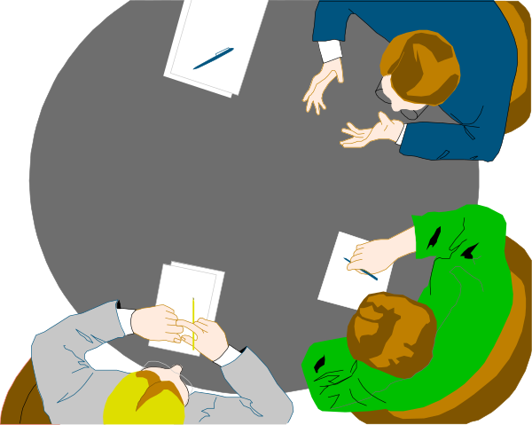 The illustration depicts three animated characters sitting around a table with papers on it; two of them appear to be engaged in conversation while one is looking at something off-camera.