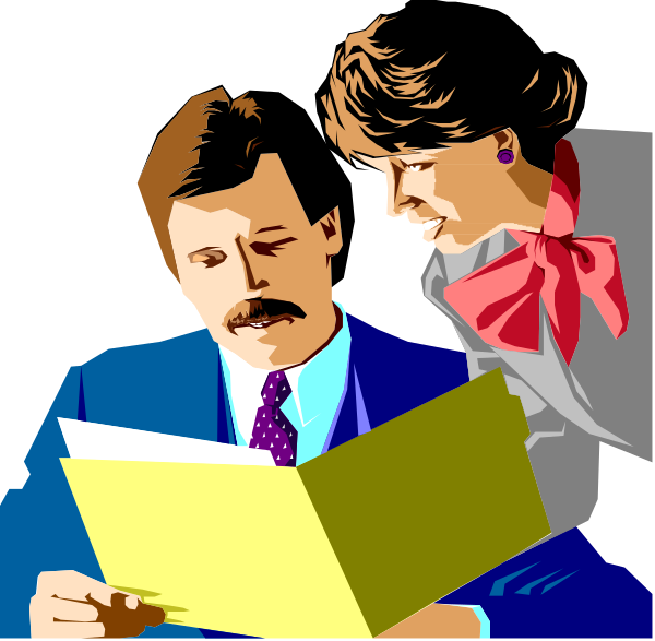 The image shows a man sitting at an office desk with his head down on some papers while looking up towards another person who is standing beside him holding what appears to be a folder open in front of them; both individuals seem focused and engaged, suggesting that this might represent work or discussion related to documents or information.