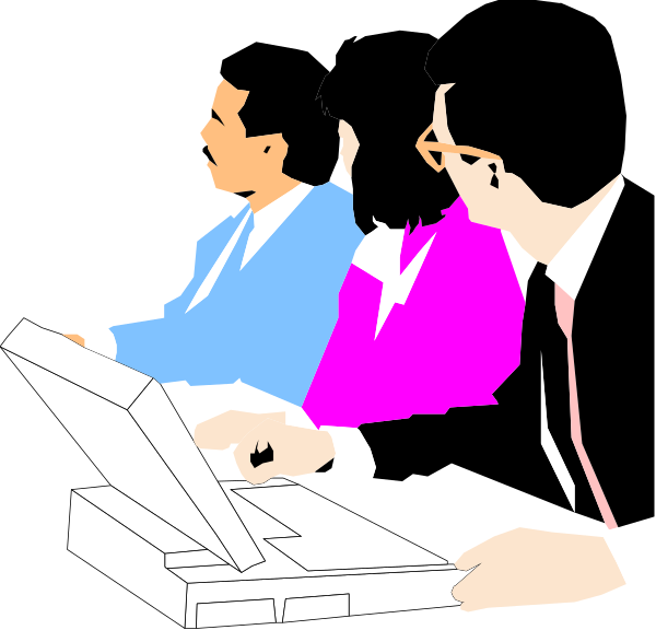 The image shows a cartoon of three individuals sitting at desks with computers; two appear to be working on their screens while one is typing into an open laptop computer.