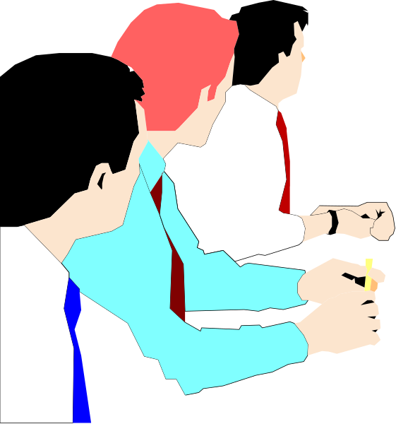 The image shows a cartoon of three men sitting at desks with computer monitors; two have their backs to each other while one is facing forward towards us. They appear to be working on computers in an office environment, and there's no text present within this small clip-art illustration.