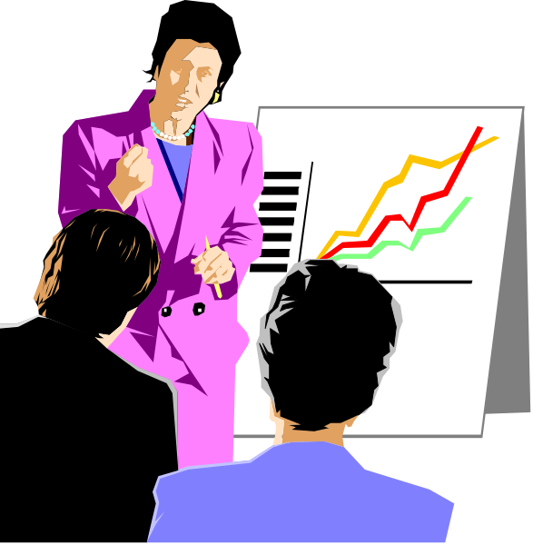 The illustration shows a man standing at an easel with graphs on it while two other individuals look attentively towards him; he appears to be presenting information in front of them.