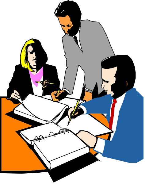 The black and white illustration shows three individuals at a table with papers; two of them appear to be writing on documents while one is looking over their shoulder towards another person who seems to have just joined in signing paperwork, suggesting an office setting where business transactions or contracts might take place.