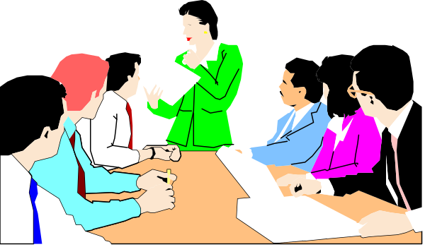 The image shows a group of animated characters sitting around an oval table with papers on it; there is no text present in this clip-art illustration.