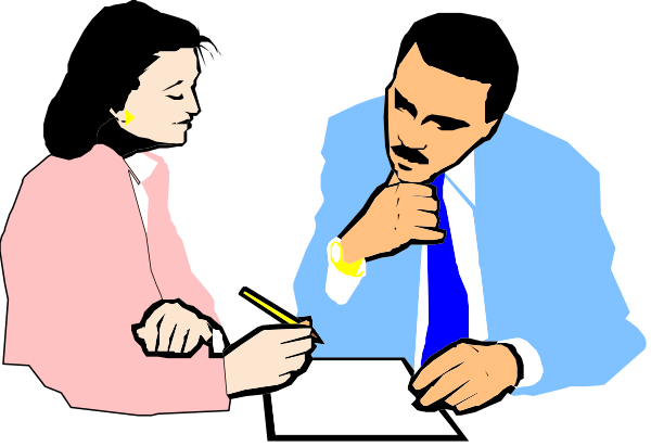 The image shows a cartoon of three individuals sitting at desks with papers; two adults appear to be engaged in conversation while one is focused on writing something down.