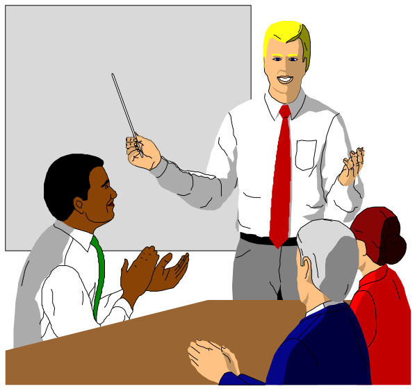 The image shows a cartoon of an animated scene where there's a man standing at the front of a conference room with his hands clasped together in excitement while gesturing towards someone else who is seated behind him, surrounded by other people clapping their hands and looking attentively forward as if listening to or watching something. The setting appears professional due to the presence of office chairs, desks, and what looks like presentation materials on a screen at one end of the room.