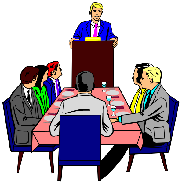 The image shows a cartoon of two panels with different scenes: In both panels there is an animated man standing at a podium in front of seated figures who appear to be listening attentively; he seems to be speaking, as suggested by his raised hand and open mouth. Panel 1 depicts the speaker addressing people dressed formally (ties visible) around a dining table with wine glasses on it, suggesting that this could represent an event or meeting taking place in a formal setting like a conference room or banquet hall; panel 2 shows similar figures seated at another identical red-clothed