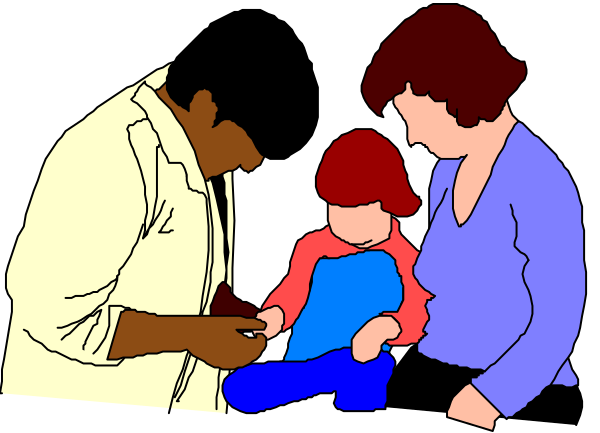 The image shows a cartoon of three individuals: an adult male wearing glasses who appears to be writing on paper with his left hand; next to him is another person whose face isn't visible but seems to have short hair and is holding what looks like a small object in their right hand, possibly related to the activity at which they are seated. The third individual has long brown hair that falls over her shoulders or back of head, wearing glasses with black frames on top of it; she appears to be looking down towards something not visible within this image and is holding what seems like a small blue object