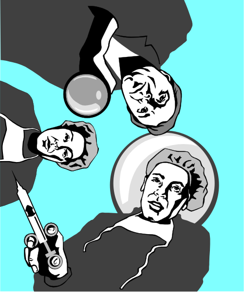 The illustration depicts three cartoon characters: a man on top holding what appears to be an object with two eyes; another character in the middle looking upwards towards him while also pointing at something above them, which is out of frame but seems like it could be related to space or exploration given its circular shape and design resembling planets or globes; below this central figure stands a woman holding what looks like an old-fashioned camera. The characters are set against a blue background with no additional context provided about the setting, objects they're interacting with, or their actions