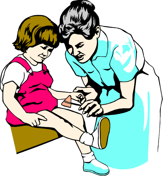 The image shows a woman sitting on an ottoman with her foot up for examination by another person who is kneeling down beside her to look at it closely while holding what appears to be a small object in their hand, possibly related to healthcare; there's also a child standing next to the seated adult.