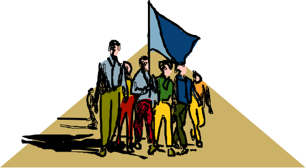 The black and white illustration shows a group of six individuals standing on what appears to be an outdoor platform with their backs turned towards us; one person is holding up a flag while another seems to address them from behind, possibly leading discussion.