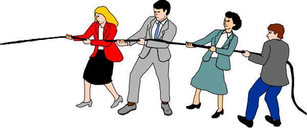 The image shows a group of five cartoon characters dressed as business professionals walking side by side with their arms outstretched in front of them; each character is holding an object that appears to be floating above its head, and there's no visible background detailing setting or environment.