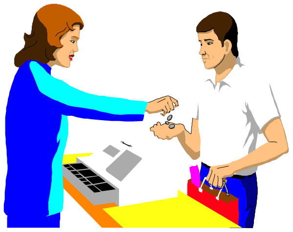 The illustration depicts a man handing money to another person at what appears to be an indoor retail store counter with various items on display in front of them; both individuals appear engaged in their transaction under fluorescent lighting, and there is no text present within this image.